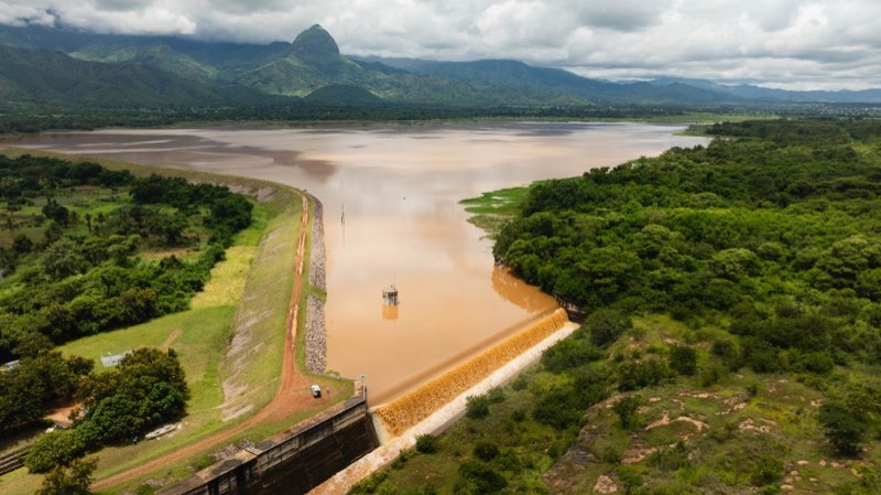 Aerial view of a Tanzanian dam and catchment